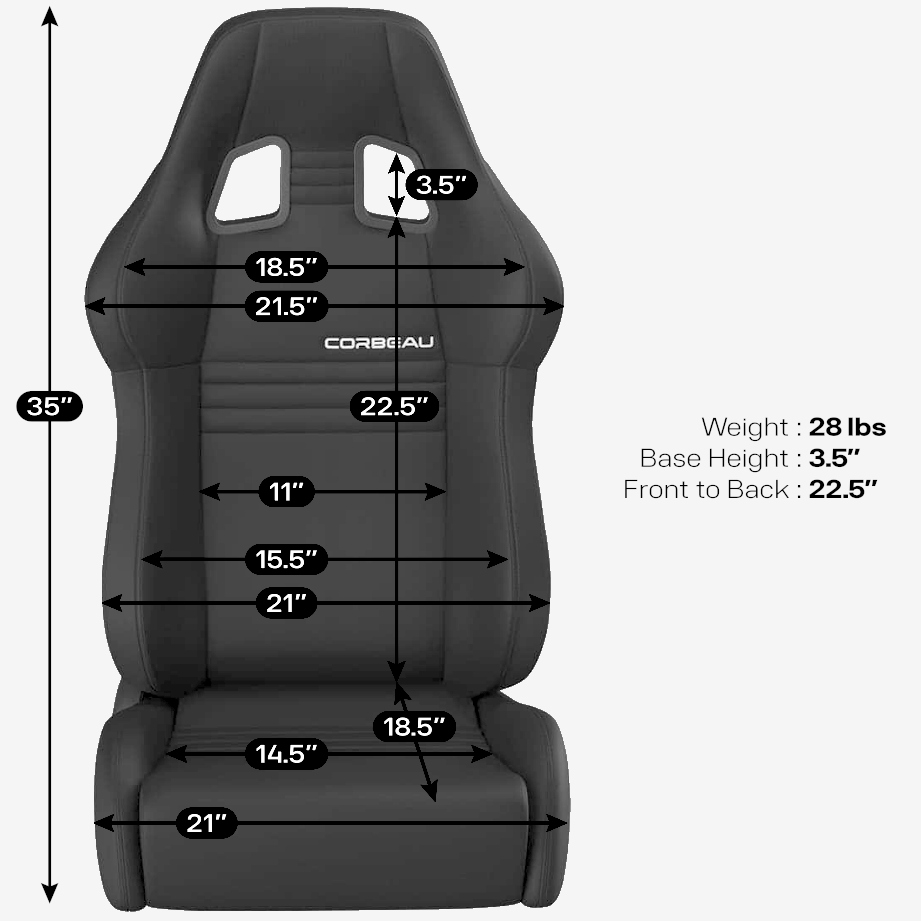 Corbeau A4 Wide Seat Dimensions / Measurements