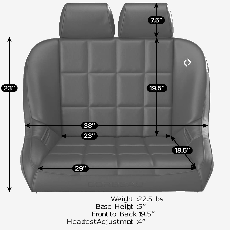 Corbeau Bench 36 w/ Headrest Seat Dimensions / Measurements